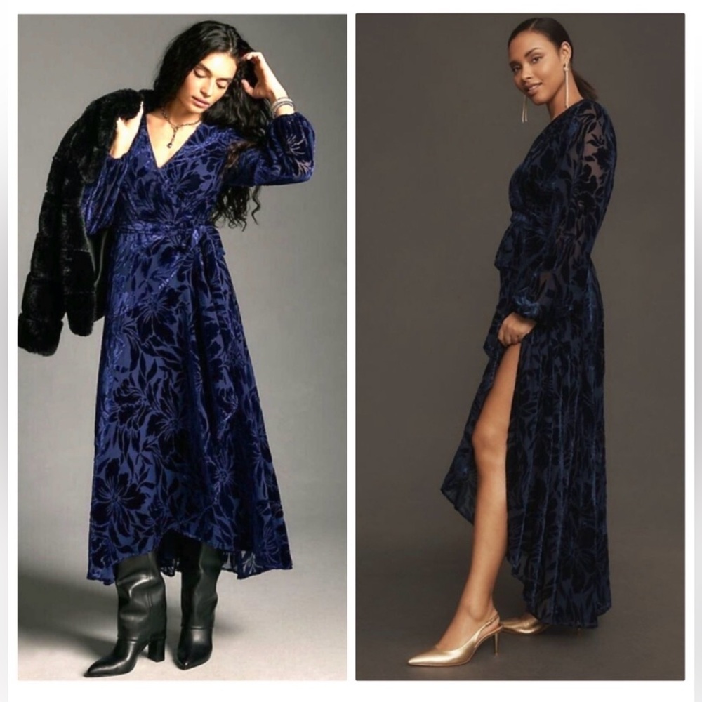 Anthropologie Midnight Navy Velvet Wrap Maxi Dress